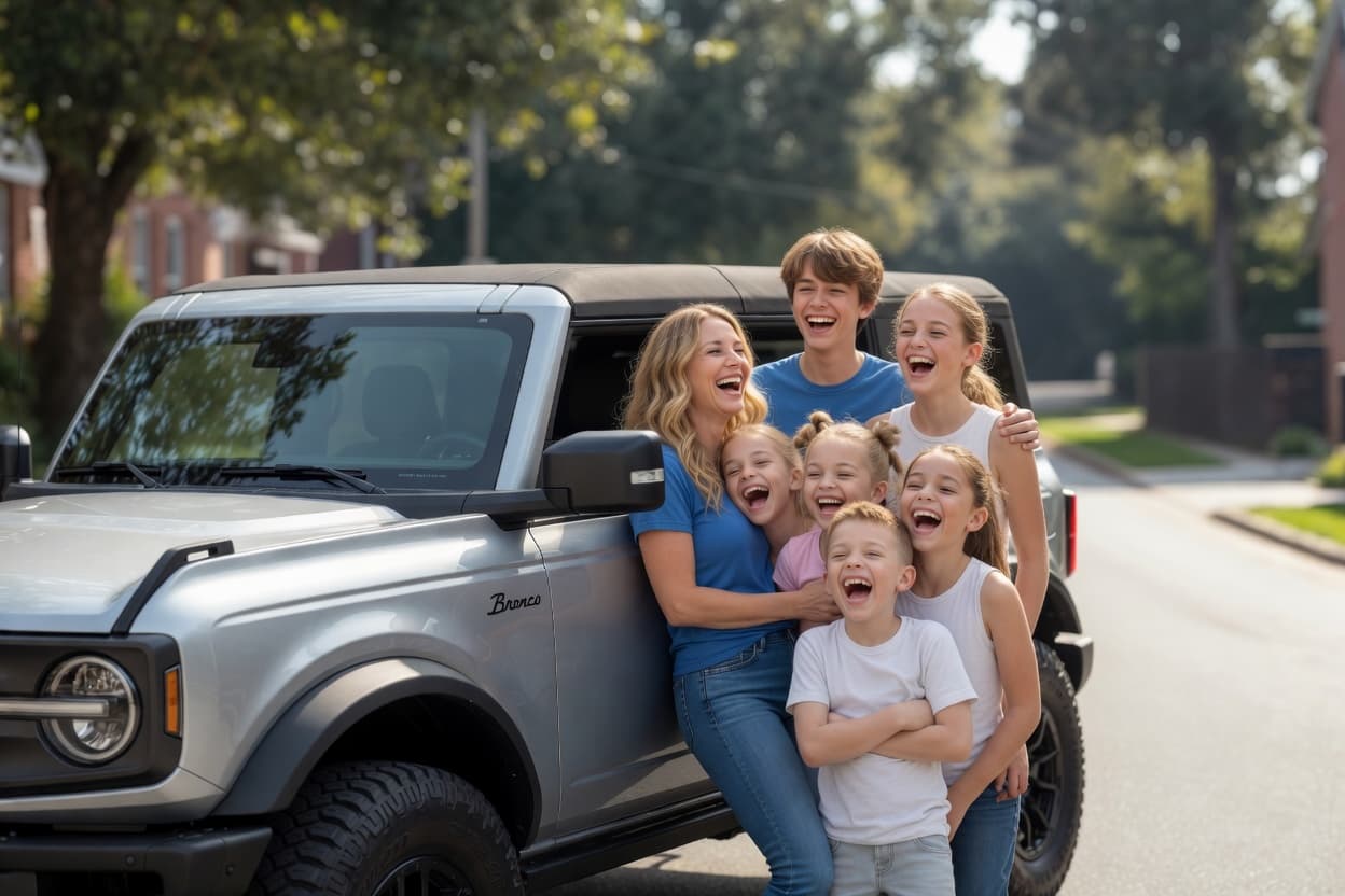 Family smiling beside a silver Ford Bronco on a sunny street — clear glass and a vehicle you trust for the Kansas City metro.